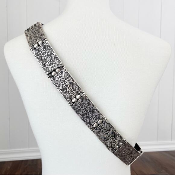 Beaded Metal Stretch Belt Hip Slung Embossed Boho Bohemian Size L/XL Silver Blk main image 12
